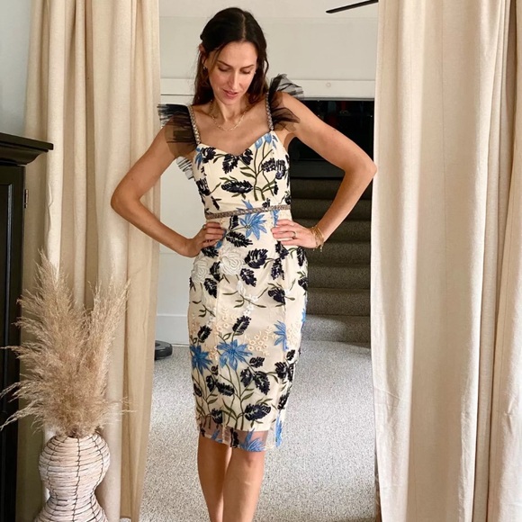 Lulus New Floral Show Stopper Cream blue Embroidered Sequin Bodycon Midi Dress - Picture 3 of 16